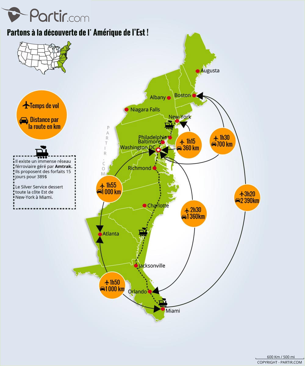 Carte des trajets Est des États-Unis